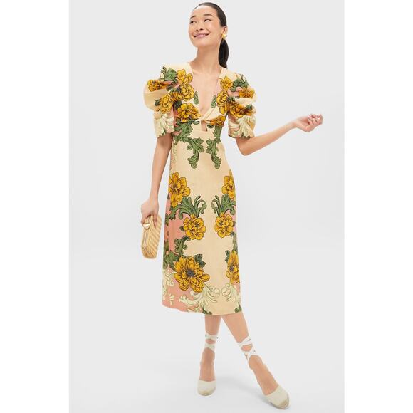 FARM RIO Delicate Flower Arabesques Short Sleeve Midi Dress NWT M Retail $280 - Picture 7 of 7